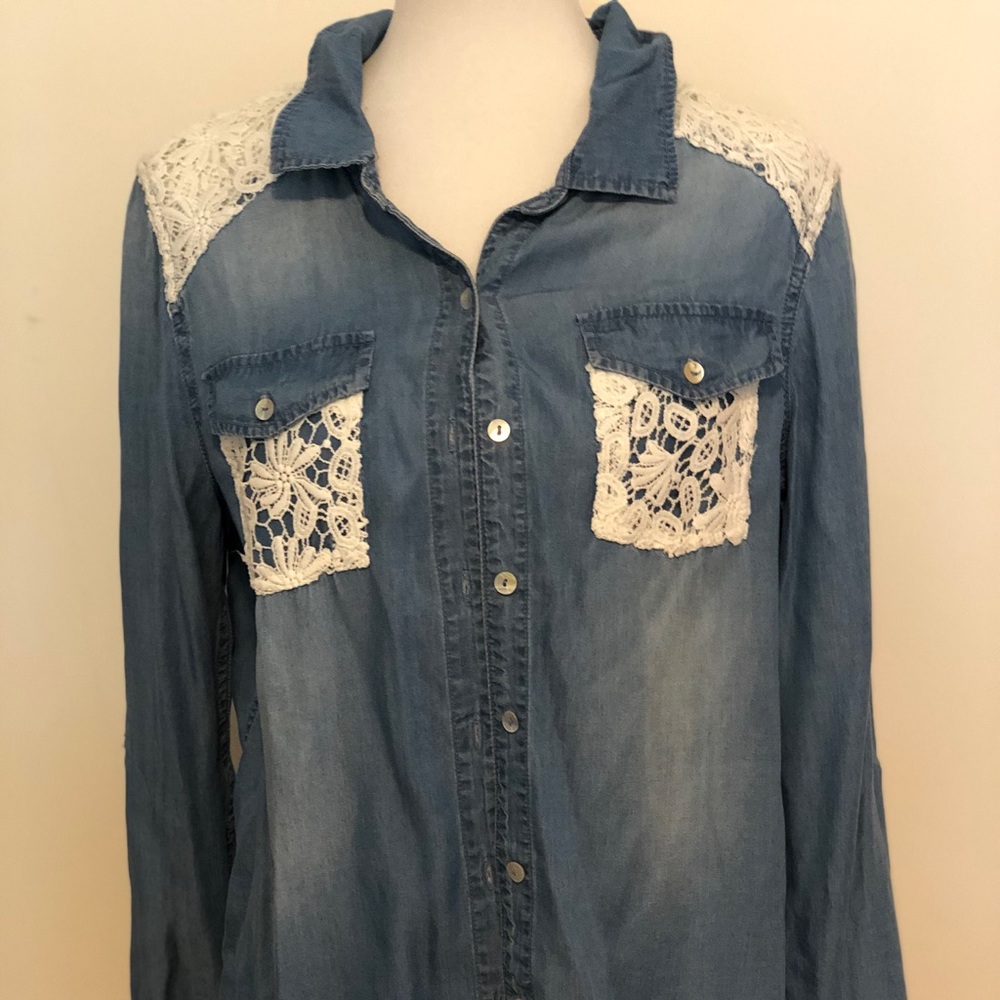 Denim style lace button down